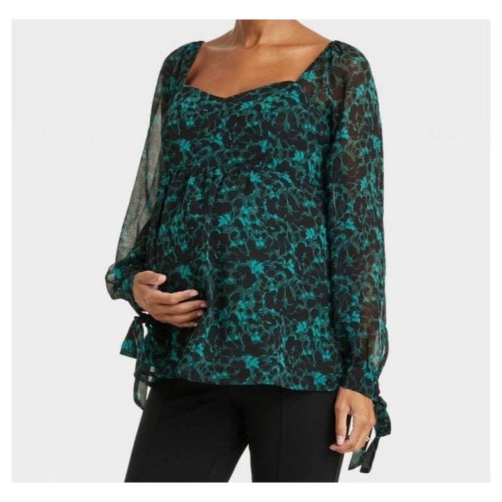 Long Sleeve Corsetry Woven Maternity Shirt- Aqua Green Floral
